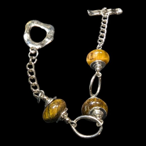 Handcrafted Tiger's Eye Beaded Silver Tone Bracelet Toggle Clasp 7.5 inches - Picture 3 of 7